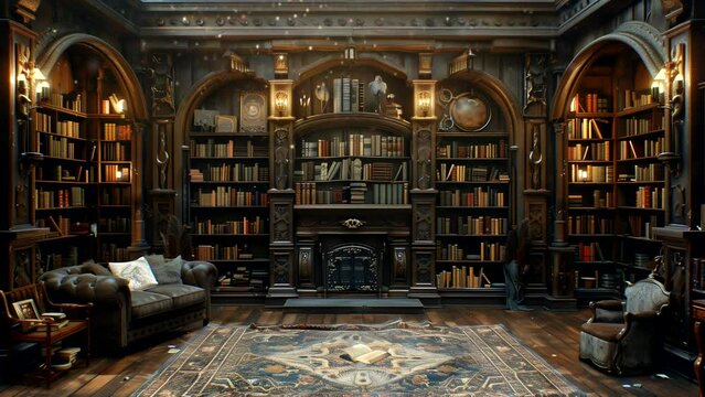 Grand library filled with books from the medieval era with simple lighting, international library day concept. Looping time-lapse video background