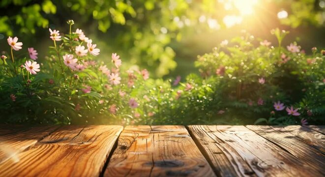 Warm sunlight bathes a wooden surface with a blooming meadow of pink flowers in the background, heralding a peaceful morning.