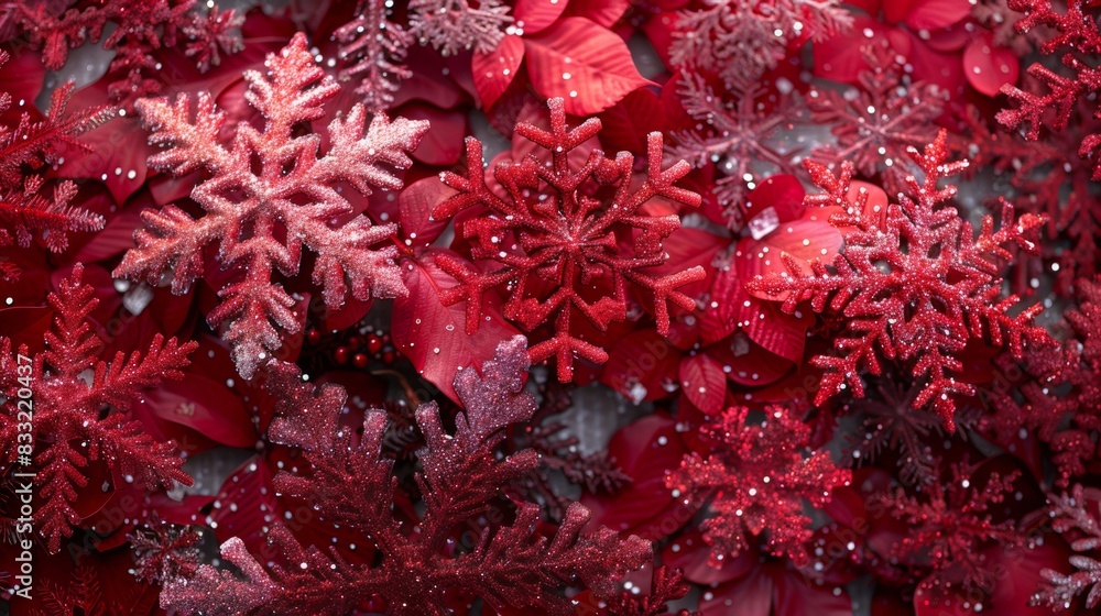 Poster many red snowflakes are arranged in a beautiful pattern.