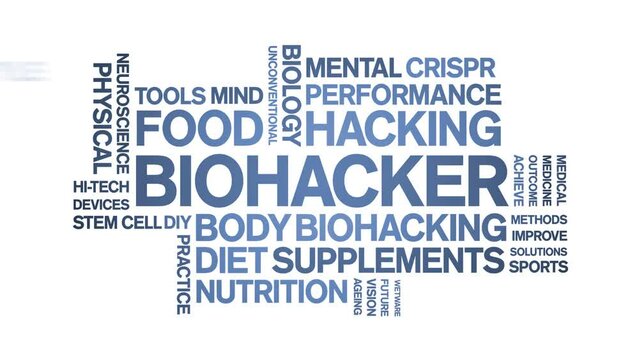Biohacker animated word cloud;text design animation tag kinetic typography seamless loop.