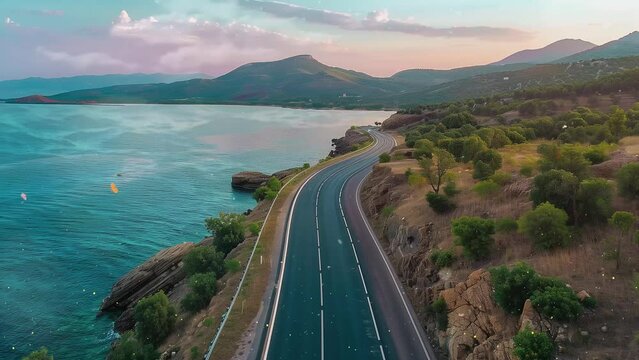 empty asphalt road highway with blue sea nature landscape. seamless looping overlay 4k virtual video animation background