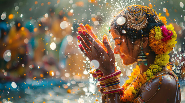 Woman with floral adornments and traditional jewelry praying amidst water and light reflections during a vibrant Teej festival celebration