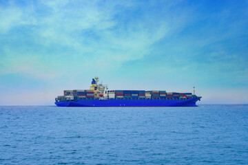 Large ships transport cargo and carry large amounts of containers. Sea shipping by cargo ship. Concept. International. Export-import business, logistics, transportation industry	
