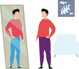 Obraz premium The boy is looking at himself in the mirror as a fit person.