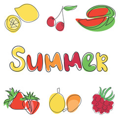 Summer sale banner with fruits drawn in a continuous line. Vector illustration for cards, banners
