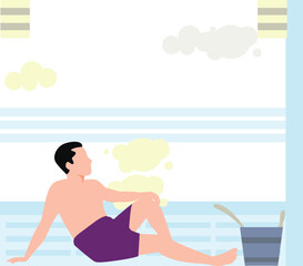 The boy is sitting in the steam room.