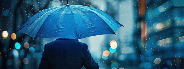 Insurance  Businessman holding blue umbrella