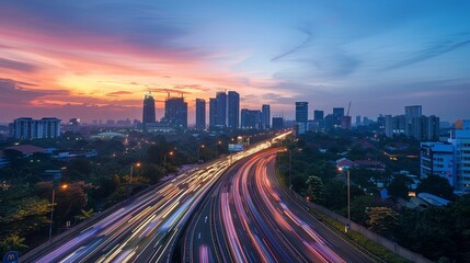 Obraz premium Light flow of traffic on evening city highway