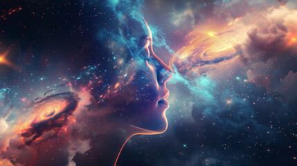 Cosmic woman dreams of galaxies. Woman with galaxies swirling around her face dreams of the cosmos in this inspiring image of hope and imagination.