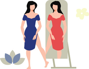 The girl is looking at her dress in the mirror.