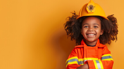 A cute happy smiling young African American black girl dresses like a fireman on a plain yellow background with copy space for text.