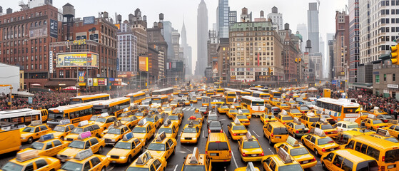 A bustling city street in downtown packed with yellow taxis and buses during the morning rush hour,...