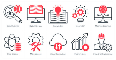 A Set of 10 Industrial icons as social science, digital literacy, knowledge