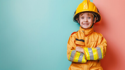 A cute happy smiling young American white boy dresses like a fireman on a plain blue and pink background with copy space for text.