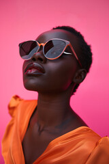 Stylish woman wearing striking sunglasses, posing against a vibrant pink background