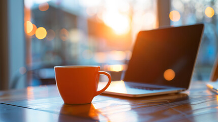 Cozy coffee break with laptop and sunset view. Orange mug on a table with laptop and blurred sunset view, perfect for lifestyle, business, or technology themes.