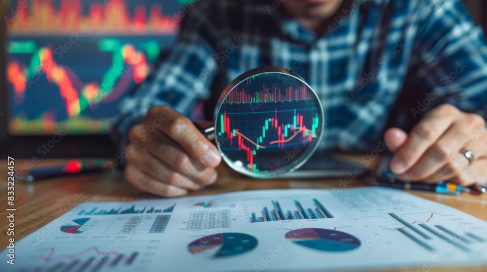 Aufkleber A stock market analyst analyzing trends and patterns on a stock market graph using a magnifying glass