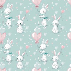 A little rabbit with a bow around his neck is picking up heart balloons. cartoon Seamless fabric pattern, fashion, summer, vintage, textile, background, wallpaper