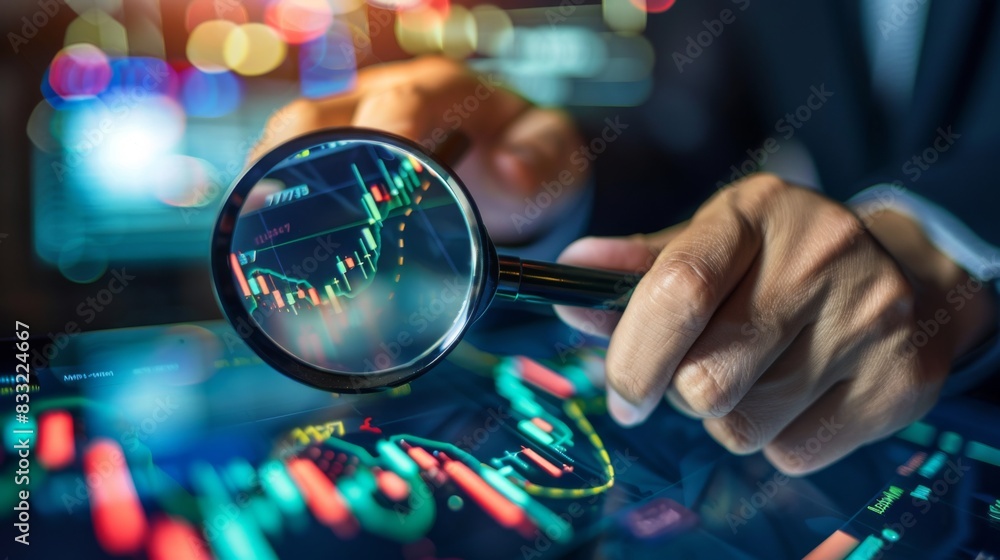 Aufkleber A stock market analyst analyzing trends and patterns on a stock market graph using a magnifying glass