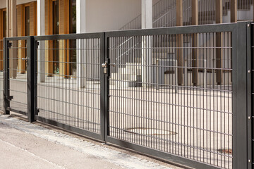 Gate to Privacy. Entrance Gate to Private Building School. Modern Wire Gates. No Entry.
