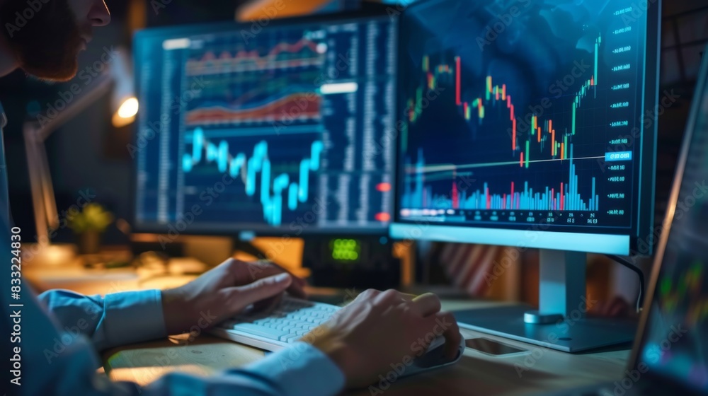 Fototapete a stock market analyst conducting research and analysis on stock market graphs and charts using a de