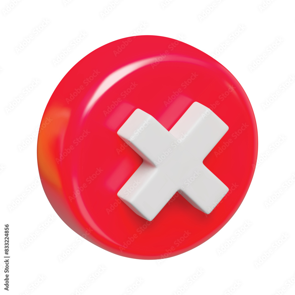 Poster 3d realistic multiplication sign icon, red round shaped 3d button. no or incorrect check mark. disap