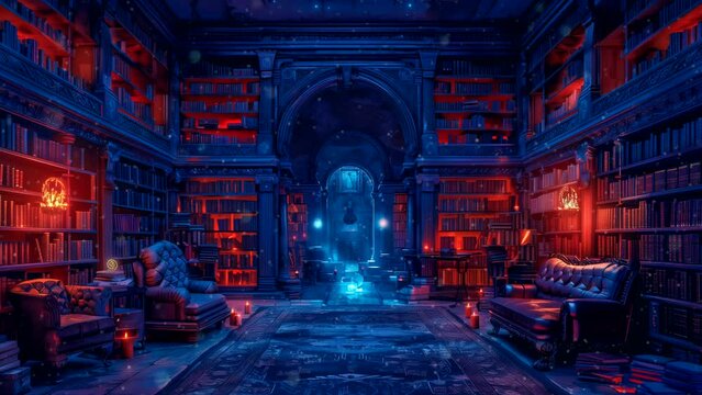 Grand medieval library room filled with books with neon lighting. Looping time-lapse animation background