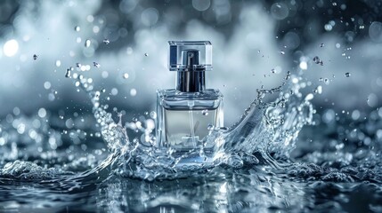 A sleek perfume bottle amidst captivating water splashes