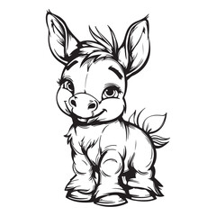 Cute cartoon baby donkey design for kids coloring book, black vector illustration on white background