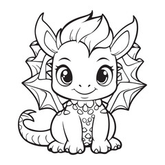 Cute cartoon baby dragon design for kids coloring book, black vector illustration on white background