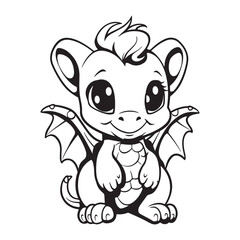 Cute cartoon baby dragon design for kids coloring book, black vector illustration on white background