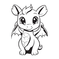 Cute cartoon baby dragon design for kids coloring book, black vector illustration on white background
