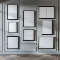 Minimalist gray wall in a gallery featuring streamlined blank frames.
