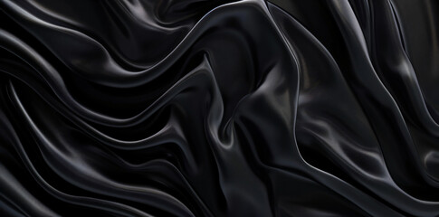 Fototapeta premium Black satin fabric background with waves and folds, abstract black cloth texture