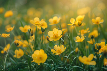 A cluster of yellow buttercups in a lush meadow.