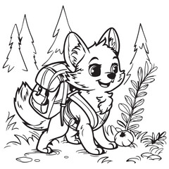 Cute fox hiking in nature for kids coloring book, black vector illustration  on white background
