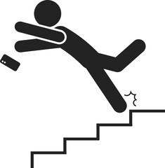 Isolated pictogram of man fall on stair with phone, for safety sign do not use mobile phone on stairs