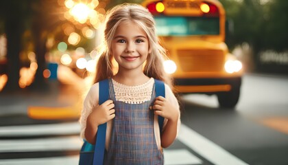 Kindergarten girl standing and smiling with a bokeh effect and a school bus in the backgroundใ