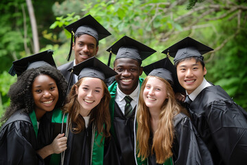 Group of diverse graduates in caps and gowns smiling and embracing, celebrating their achievement together in a lush outdoor setting