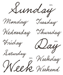 手書き筆記体の週の英語名。グラフィック デザイン、カレンダー、パーツ。