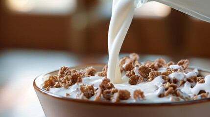 Fresh milk being poured into a bowl of cereal - Powered by Adobe