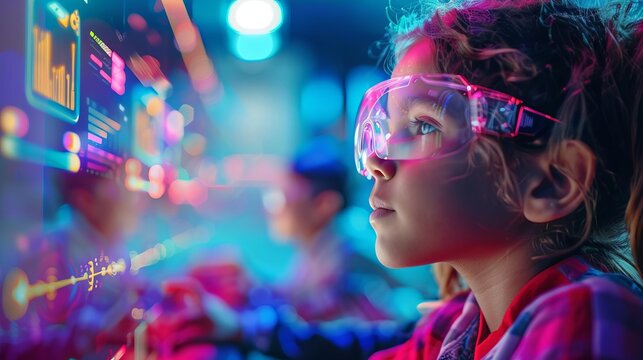 A focused child wearing VR glasses explores a vibrant digital environment, highlighting education technology and futuristic learning experiences.