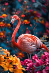 Obraz premium flamingo with beautiful flowers and depth of field artwork with a dark background