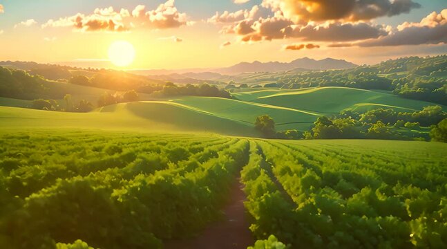 A VDO of A lush green field of crops stretches into the distance, with a bright yellow sun rising over the horizon. The rolling hills are dotted with trees and the sky is a clear blue.