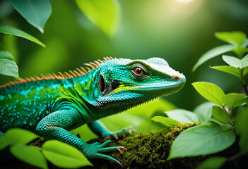 Fototapeta premium Vibrant lizard amidst lush green foliage in natural habitat