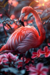 Fototapeta premium flamingo with beautiful flowers and depth of field artwork with a dark background
