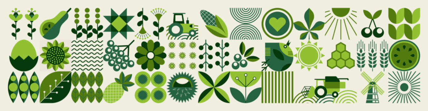 Spring pattern. Agriculture, farming. Mosaic style. Simple geometric shapes. Textile background of grains, poultry breeding, beekeeping, agricultural machinery, farm implements, flowers.