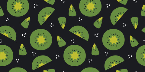 Kiwi fruits vector seamless pattern. Green kiwi fruit decorative background. Tropical fresh kiwi vector design for fabric, paper, wallpaper, cover, interior decoration. Vector illustration