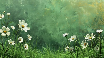 Blooming flowers and grass create a beautiful natural backdrop for text on a green floral design