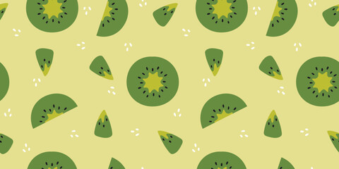 Kiwi fruits vector seamless pattern. Green kiwi fruit decorative background. Tropical fresh kiwi vector design for fabric, paper, wallpaper, cover, interior decoration. Vector illustration